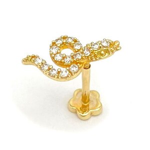 19G Snake Solid 14k Gold Internal Threaded Stud with Cubic Zirconia Stones | Cartilage, Tragus, Helix, Monroe, Labret Piercing