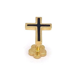 18G 14k Gold Black Enamel Cross Internal Threaded Stud | Cartilage, Tragus, Helix Piercing Earring | Solid Gold Stud