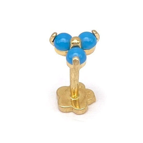 18G 14k Gold Triple Turquoise Stone Internal Threaded Stud | Cartilage, Tragus, Helix Piercing Earring | 6mm Stem Length