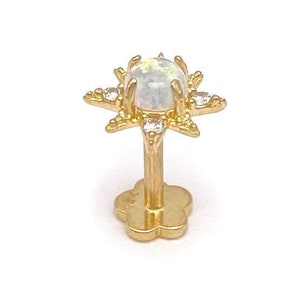 18G 14k Gold Opal Starburst with CZ Stones Internal Threaded Stud | Cartilage, Tragus, Helix Piercing Earring | 6mm Stem Length