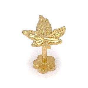 18G 14k Gold Large Marijuana Leaf Internal Threaded Stud | Cartilage, Tragus, Helix Piercing Earring | Solid Gold Stud | 6mm Stem Length