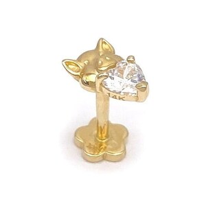 18G 14k Gold Pig Holding Heart Internal Threaded Stud with CZ Stone | Cartilage, Tragus, Helix Piercing Earring | Solid Gold Stud