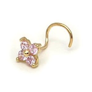 24G Solid 14k Gold Pink Flower Nose U-shaped Screw Stud with Cubic Zirconia Stones | 5mm Stem Length | Pink Stones