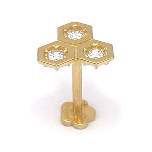 18G 14k Gold Large Bee Hive with Cubic Zirconia Stones Internal Threaded Stud | Cartilage, Tragus, Helix Piercing Earring | 8mm Stem Length