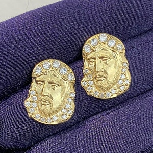 Solid 10k Gold Jesus Face Stud Earrings with Cubic Zirconia Stones | Push Back Earrings | Real 10k Yellow Gold Men&#39;s Earrings