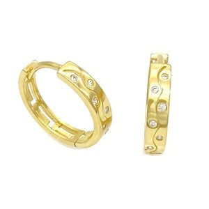 Solid 10k Yellow Gold Fancy Huggie Hoop Earrings with Cubic Zirconia Stones