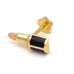 18G 14k Gold Black Enamel Lipstick Rose Gold Tip Internal Threaded Stud | Cartilage, Tragus, Helix Piercing Earring | 8mm Length | Solid