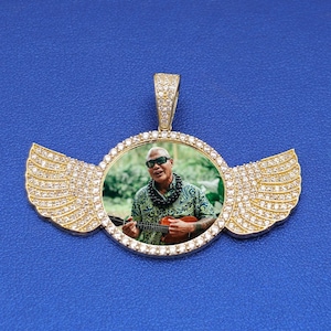 Custom Round Picture Pendant with Angel Wings Personalized Photo Medallion in 10k Yellow Gold with Cubic Zirconia Stones | Memorial Pendant