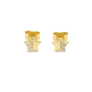 Solid 14k Gold Star Fancy Stud Earrings with Cubic Zirconia Stones | Push Back Earrings | Real 14kt Yellow Gold