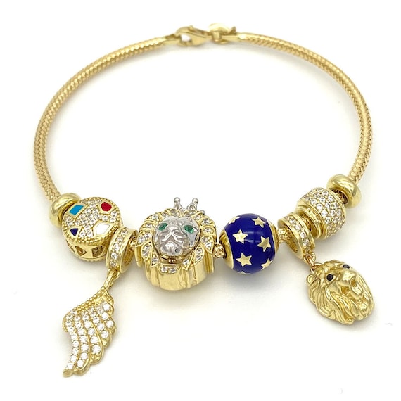 Solid 10k Yellow Gold Fancy Lion Angel Wing Charm Bangle Real Gold Bracelets With Cubic Zirconia Stones Etsy
