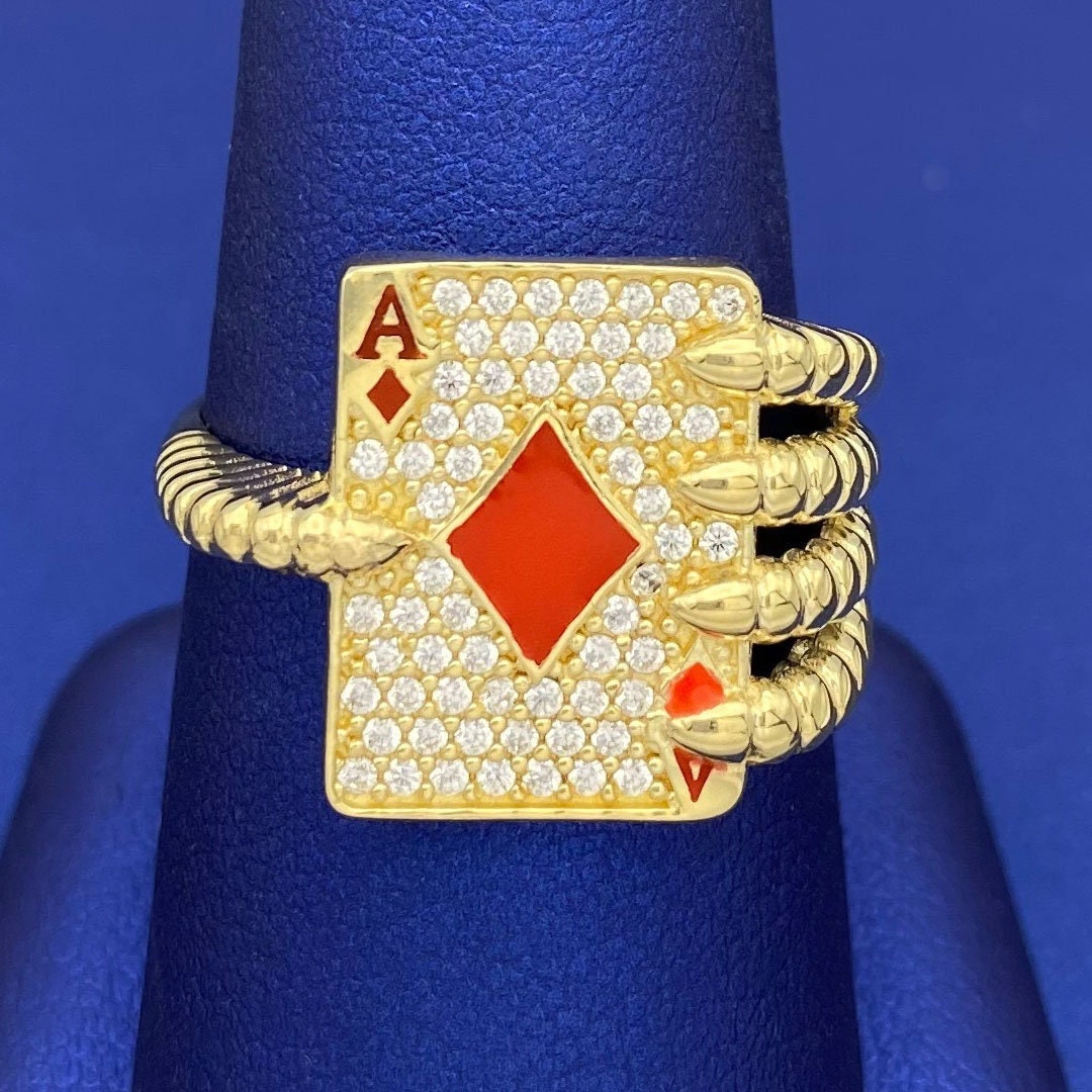 Solid 10k Yellow Gold Ace of Diamond Skull Hand Ring With Cubic Zirconia Stones Size 10.5 Real