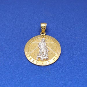 14k Saint Lazarus Pray for Us Circle Medallion Pendant Charm | Solid Gold Charms | Real 14kt Yellow Gold | Religious Charms