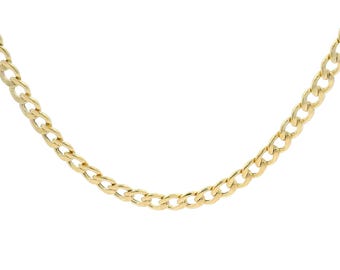 May include: A gold-colored curb chain necklace. The chain is made of interlocking oval links, creating a classic and timeless design. The necklace is displayed against a white background.