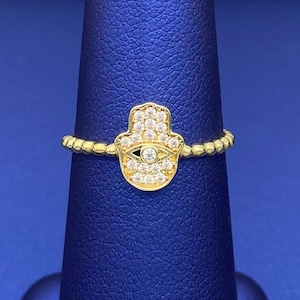 Real 10k Gold Hamsa Hand Bead Ring with Cubic Zirconia Stones | Size 7 | Trendy Women&#39;s Ring | Evil Eye Ring