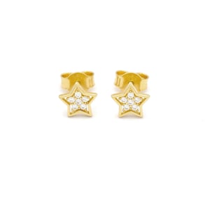 Solid 14k Gold Star with Border Stud Earrings with Cubic Zirconia Stones | Push Back Earrings | Real 14kt Yellow Gold