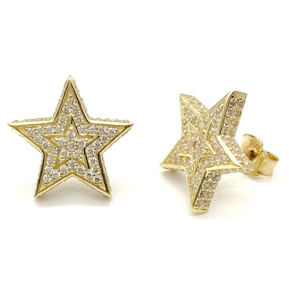 Solid 10k Yellow Gold Fancy Star Stud Earrings Push Back Earrings with  Cubic Zirconia Stones