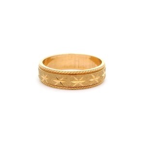 Solid 14k Gold Satin & Star Diamond Cut Eternity Pattern Wedding Band Ring | Size 9, 9.5 | Real 14k Yellow Gold Wedding Band