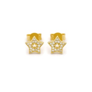 Solid 14k Gold Star Outline Stud Earrings with Cubic Zirconia Stones | Push Back Earrings | Real 14kt Yellow Gold