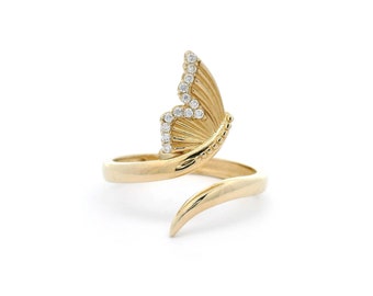 Solid 14k Gold Butterfly Open Ring with Cubic Zirconia Stones | Size 7.5 | Size 9 | Trendy Women&#39;s Ring | Real 14kt Yellow Gold Rings