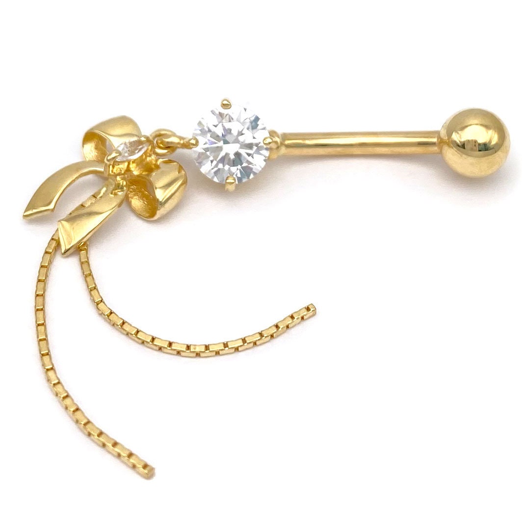 14G 14k Gold Bow Hanging Navel Piercing With Cubic Zirconia Stones