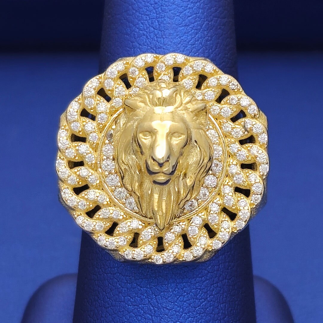 Bague ronde tête de lion en or jaune massif 10 carats avec zircones cubiques | Taille 9,5 | Bagues en or véritable | Bagues en or jaune | Bagues pour hommes en or
