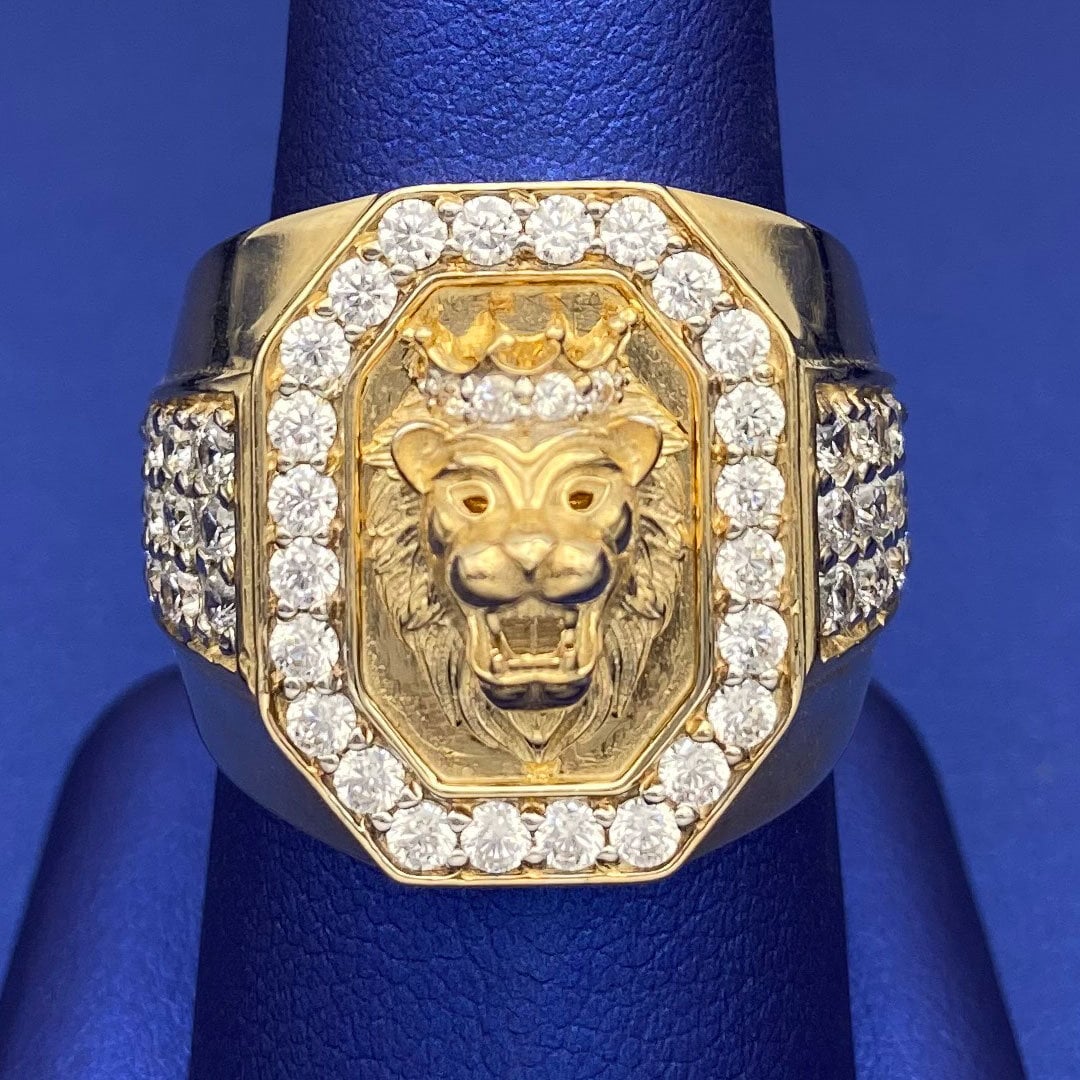 Solid 10k Yellow Gold Lion Head Crown Ring With Cubic Zirconia
