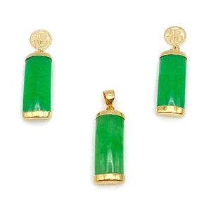 Solid 14k Yellow Gold Real Green Jade Bar Hanging Earrings & Pendant Set | Chain sold separately