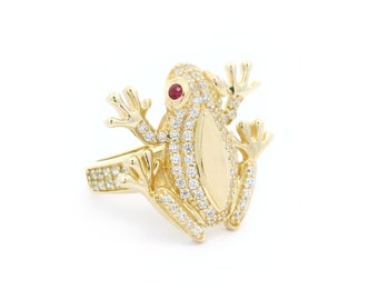 Solid 14k Gold Frog with Red Eyes Ring and Cubic Zirconia Stones | Size 8 | Real Yellow Gold Rings | Women&#39;s Rings | Men&#39;s Rings | Unisex