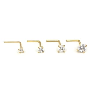 Solid 14k Gold L-shape Nose Pin with Cubic Zirconia | Prong Setting Nose Ring | Nose Stud with Stone | 24G - 1.5mm | 22G - 2mm, 2.5mm, 3mm