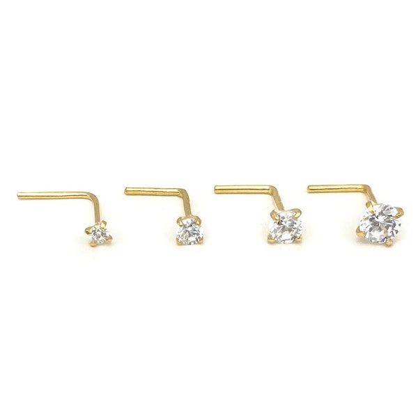 24G Solid 14k Gold L-shape Nose Pin with Cubic Zirconia - Prong Setting Nose Ring - Nose Stud with Stone
