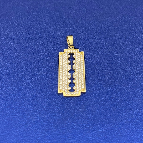 10k Gold Razor Blade Pendant with Cubic Zirconia Stones | Solid 10k Yellow Gold Charms