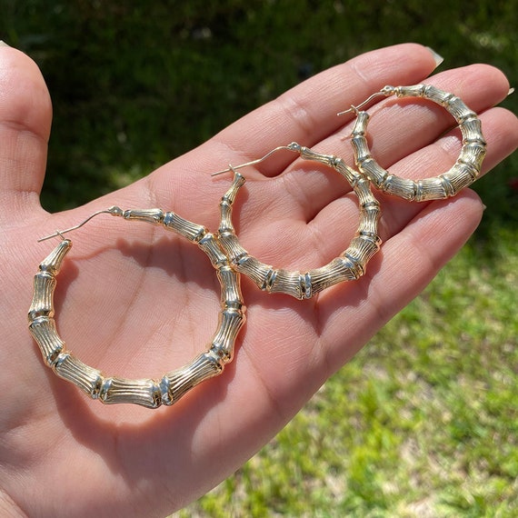 10k Yellow Gold Bamboo Hoop Earrings Real Gold Bamboo Women s Hoop