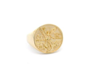 Solid 10k Gold Round Mexican Coin Ring S | Size 7 | Trendy Men&#39;s Ring | Real 10kt Yellow Gold Rings