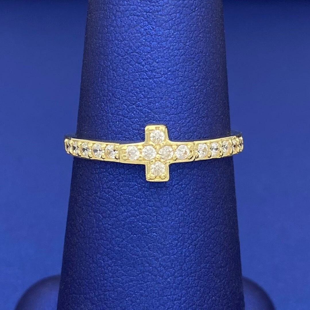 Solid 10k Gold Cross Ring With Cubic Zirconia Stones Size