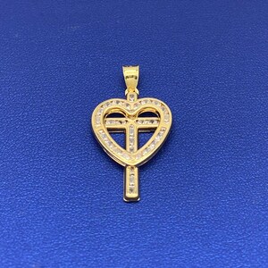 Solid 14k Yellow Gold Heart & Cross Pendant Charm with Cubic Zirconia Stones, Gold Religious Charms, Real Gold Charms