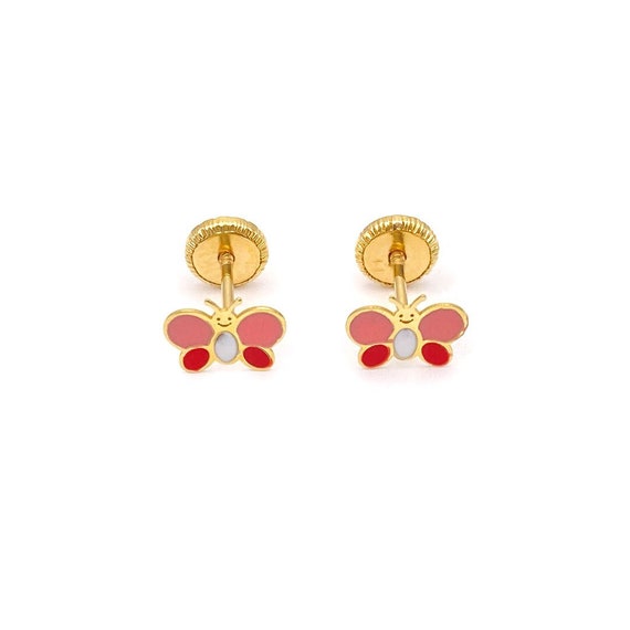 14k Yellow Gold Pink, White & Red Butterfly Baby/Kids Screw Back Earrings |  Gold Screw Back Earrings | Enamel Screw Back Earrings