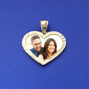 Custom Heart Diamond Cut Border Picture Pendant Personalized Photo Medallion in 10k Yellow Gold | Memorial Pendant | Heart Shaped Pendant