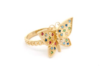 Solid 14k Gold Fancy Multicolor Butterfly Ring with Cubic Zirconia Stones | Size 8 | Trendy Women's Ring | Real 14kt Yellow Gold Rings