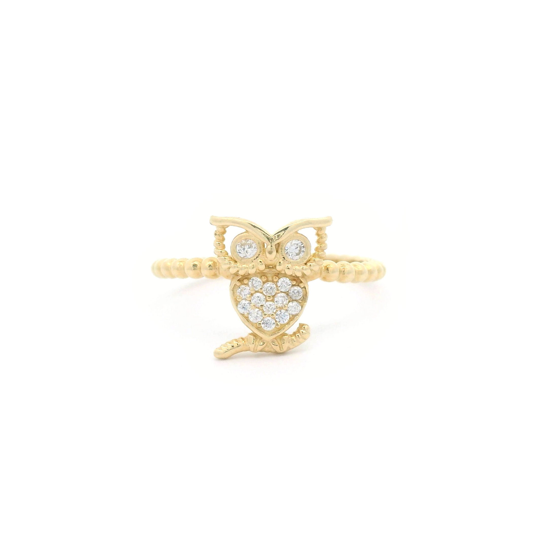 Solid 14k Yellow Gold Owl & Bead Ring with Cubic Zirconia Stones | Size 7 | Real Gold Rings | Ye