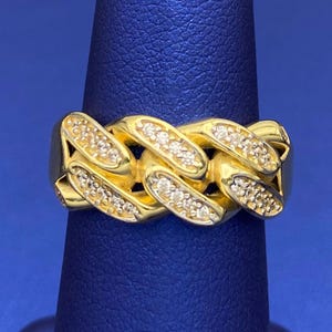 Solid 14k Yellow Gold Cuban Link Style Ring with Cubic Zirconia Stones | Size 7 | Real Gold Rings | Unisex Gold Rings | Gold Men&#39;s Rings
