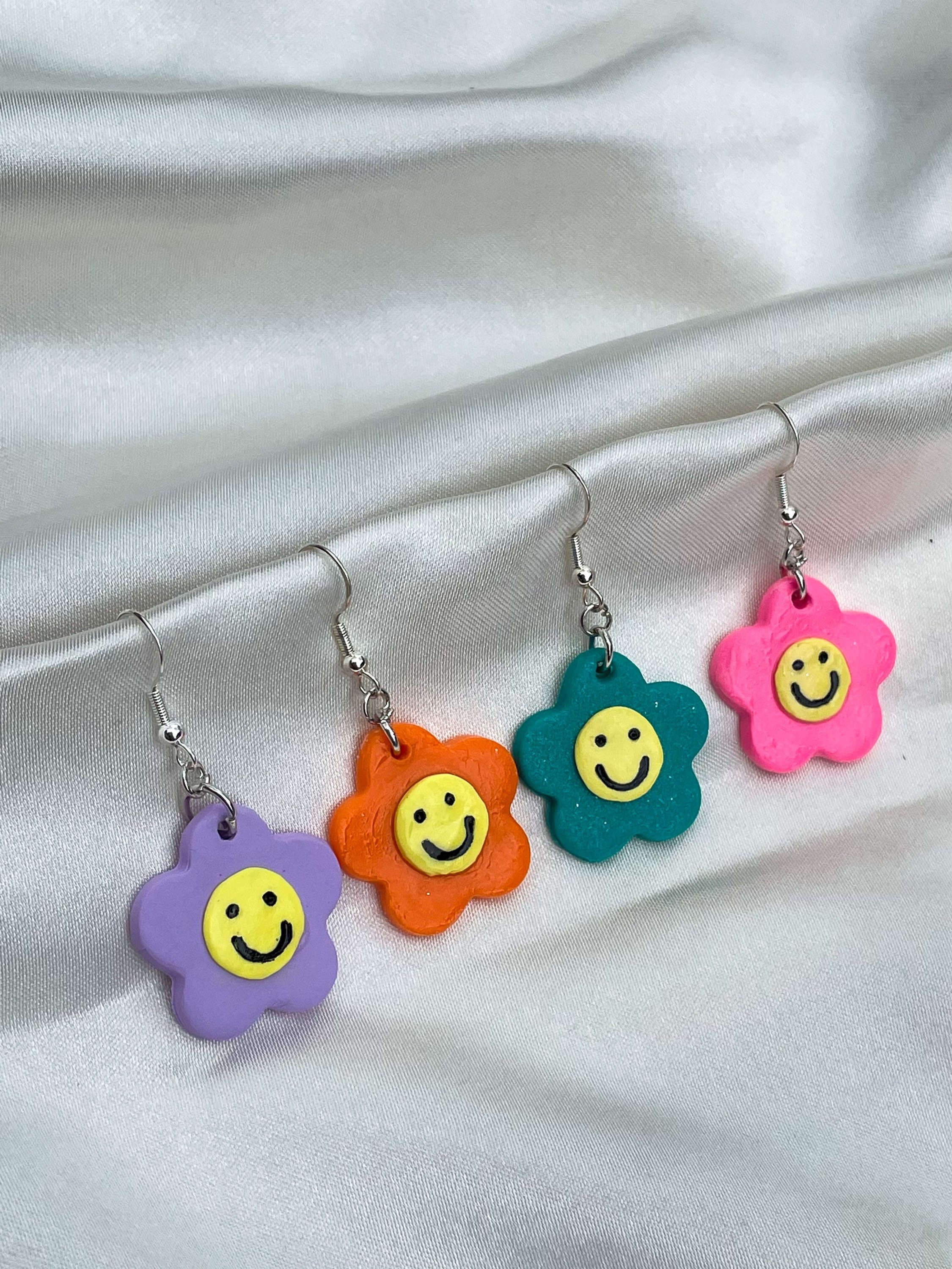 Clay Indie Smiley Face Flower Earrings Etsy