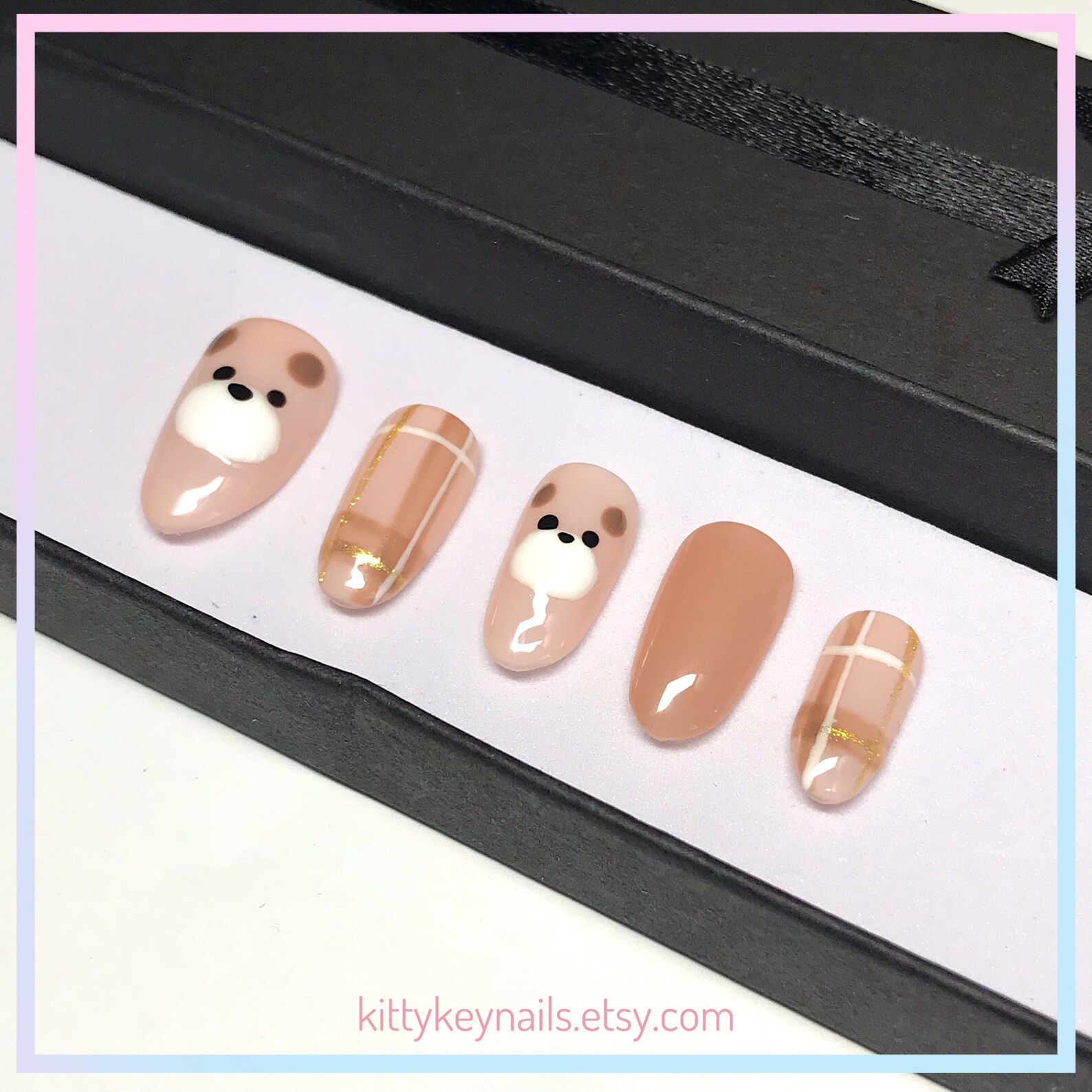 Teddy bear and brown plaid press on nails brown nails hand Etsy