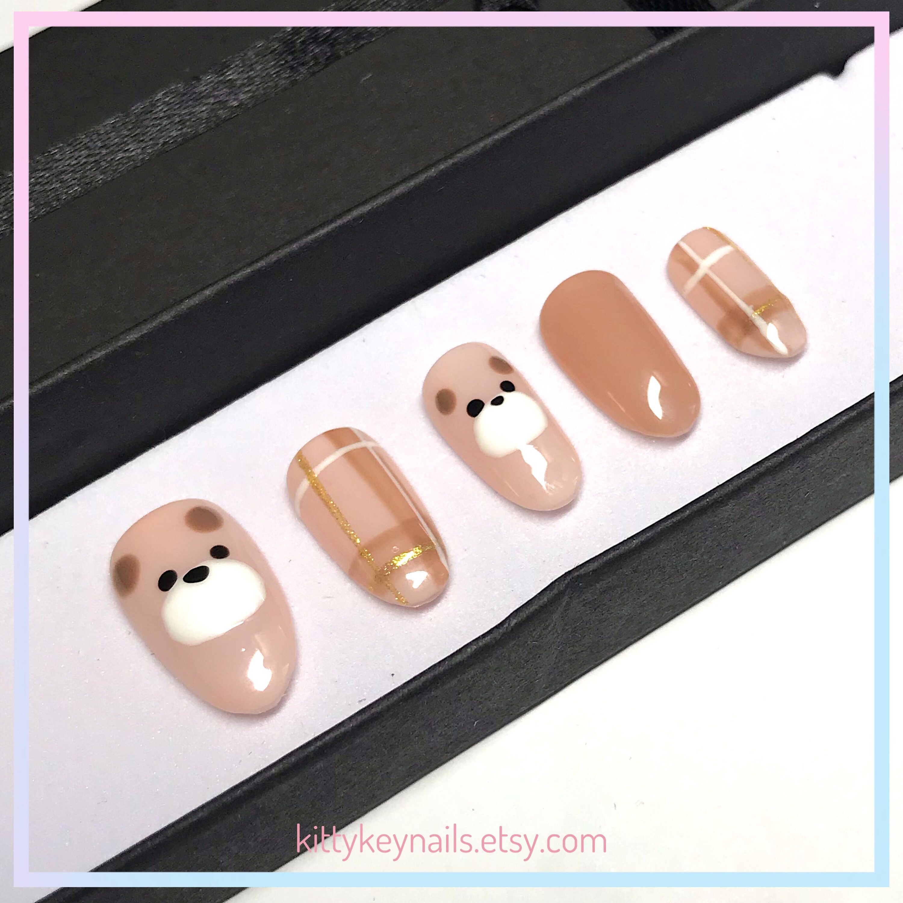Teddy bear and brown plaid press on nails brown nails hand Etsy
