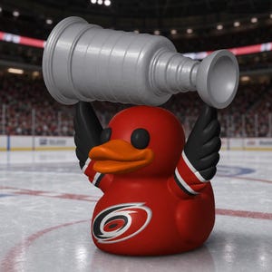 May include: A red rubber duck with an orange beak, black wings, and a Carolina Hurricanes logo on its chest, holding a large silver trophy above its head. The duck features black and white stripes on its wings, mimicking a hockey jersey design.