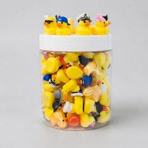 Puede incluir: Un frasco de plástico transparente lleno de numerosos patitos de goma amarillos. La tapa del frasco está rematada con cuatro patitos de goma distintos que llevan varios accesorios, incluyendo una gorra negra, una gorra azul, un gorro de capitán blanco y un lazo rosa.
