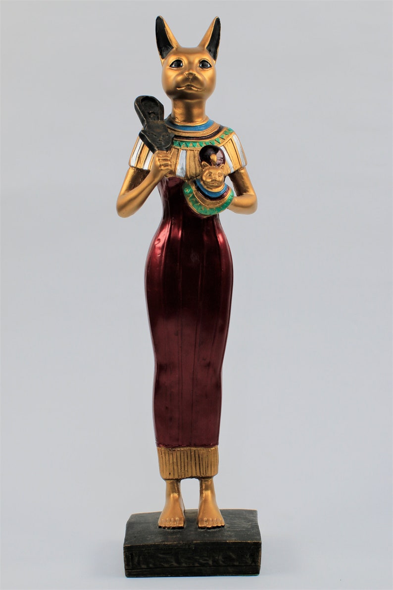 Amazing Colorful Goddess Bastet Statue Holding Hathor/'s Sistrum /& Sekhmet Lioness Face Egyptian Handmade with amazing hand carving