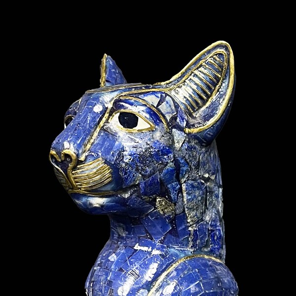 Rare Head of BASTET GODDESS of protection - Handmade with natural healing Real Lapis lazuli with Gold 18K-made in Egypt-Egyptian Easter Gift