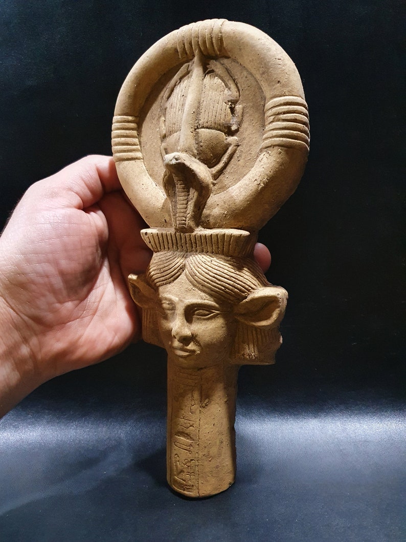of HATHOR goddess of love Key of life fertility happiness Altar statue made from old lime stone-made in Egypt Marvelous Egyptian ANKH