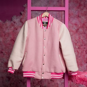 Pink and White Varsity Jacket - Handcrafted with love by Ox and Bulls Leather