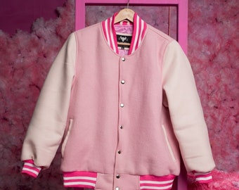 Pink and White Varsity Jacket - Handcrafted with love by Ox and Bulls Leather